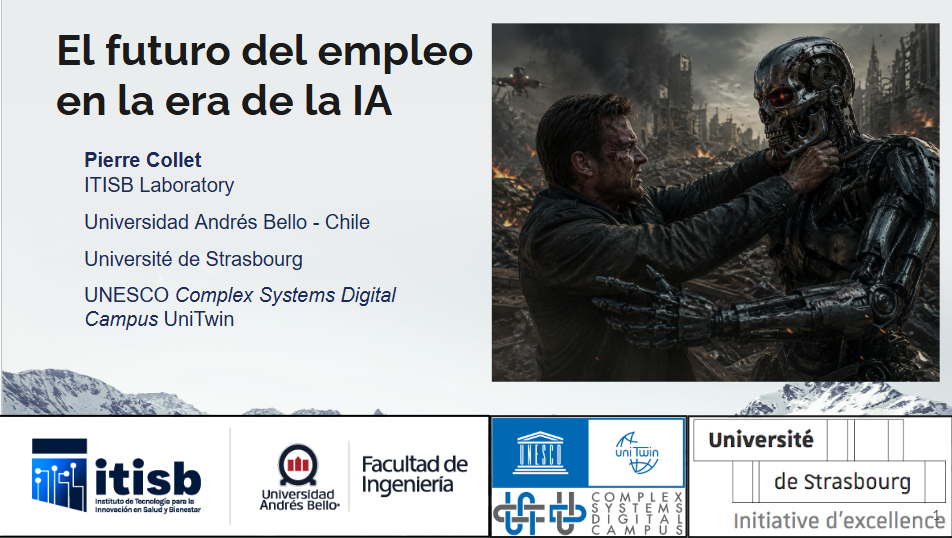Slide title: 'El futuro del empleo en la era de la IA' with author names and institutions on the left; right shows a man grappling a cyborg in a ruined city; bottom row features institutional logos.