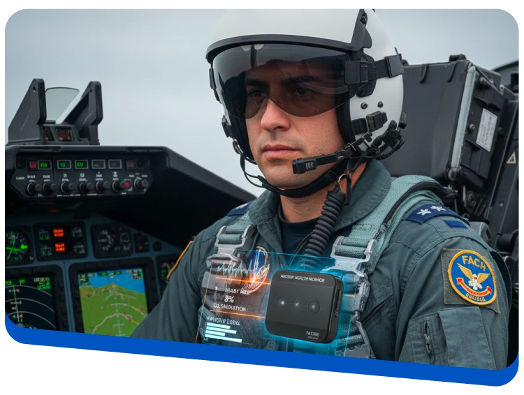 Military pilot in cockpit wearing helmet and visor, looking forward, with flight displays and HUD panel in front and a FACI patch on the shoulder.