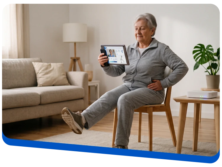 Older woman in a gray tracksuit seated on a wooden chair at home, holding a tablet showing a video call with a doctor.
