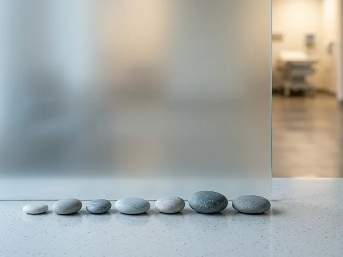 Seven smooth stones arranged in a line on a speckled white countertop in front of frosted glass. Behind the glass, a blurred office scene is visible.