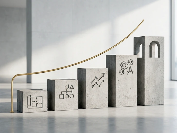 Concrete blocks with business icons rise in height from left to right, connected by a gold curved line symbolizing growth and progress.