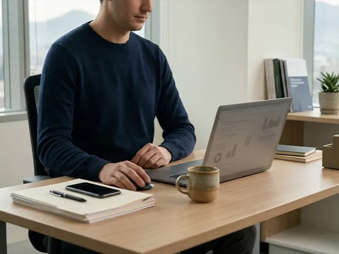 Person in a navy sweater sits at a wooden desk, typing on a laptop with a phone, notebook, and mug nearby in a bright office.