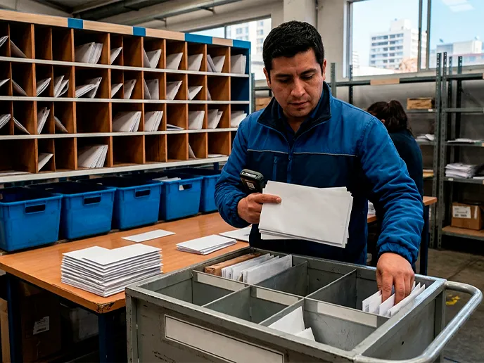 Mail sorter in a blue jacket placing envelopes into a metal sorting bin in a warehouse mailroom with pigeonholes and blue bins nearby.