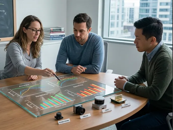 Three colleagues discuss data charts projected on a transparent interactive board in a bright office conference room.