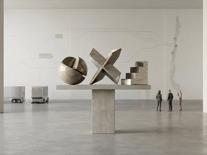 Abstract metal sculpture on a pedestal in a spacious white gallery, featuring a split sphere, a tilted X, and a stepped block. Two visitors observe in the background.