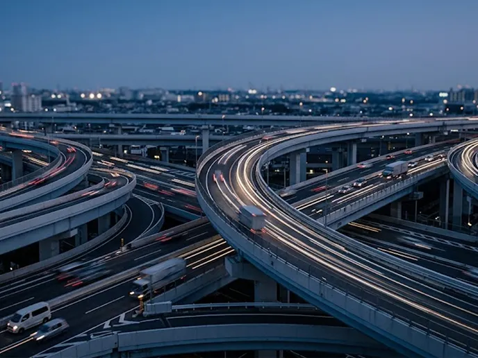 A complex elevated highway interchange at dusk with winding ramps and light trails from moving vehicles.