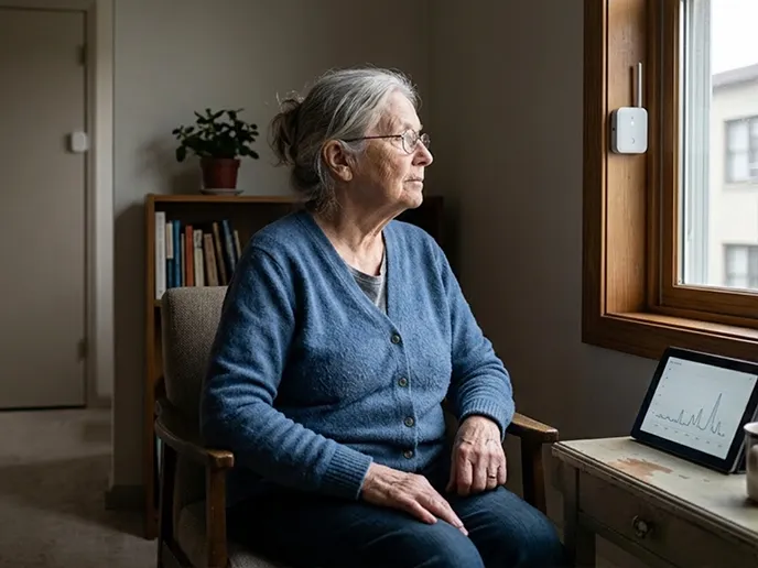 Older woman with gray hair and glasses sits by a window in a blue cardigan, looking out; a tablet with a chart rests on a nearby table.