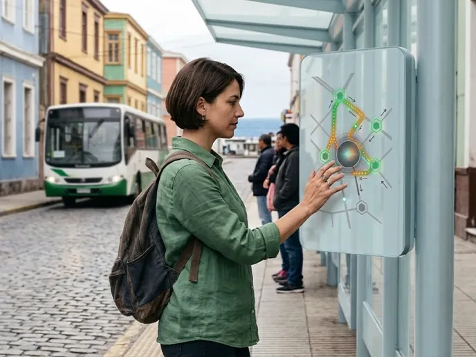 Woman using a futuristic interactive bus-stop display on a colorful street, tapping the touchscreen edge.