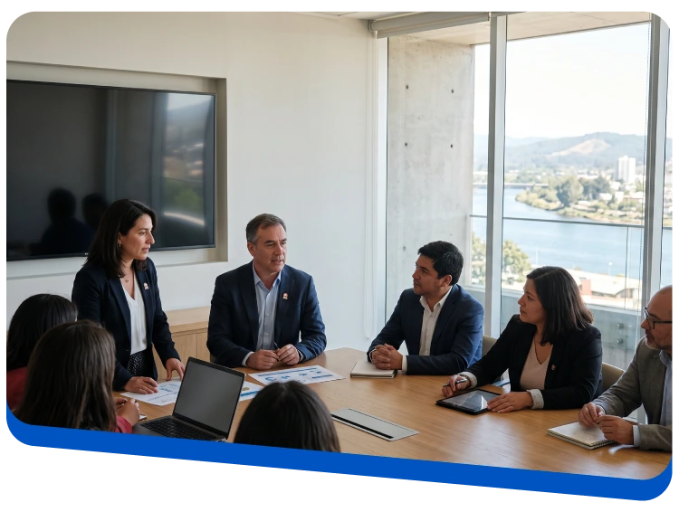 Six professionals sit around a conference table in a modern office, a man in a blue suit speaks while others listen. View of river and hills outside the windows.