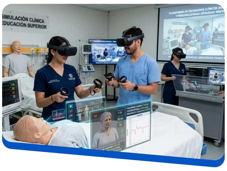 Medical training scene: students in scrubs wearing VR headsets around a hospital bed mannequin with digital monitors and a projection screen in a simulation room